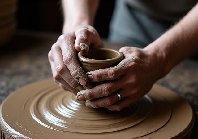 Raw clay and porcelain being shaped in a workshop